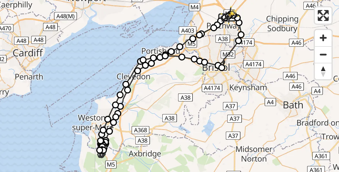 Flight path map showing Police Helicopter route from Almondsbury Helicopter Base to Almondsbury Helicopter Base