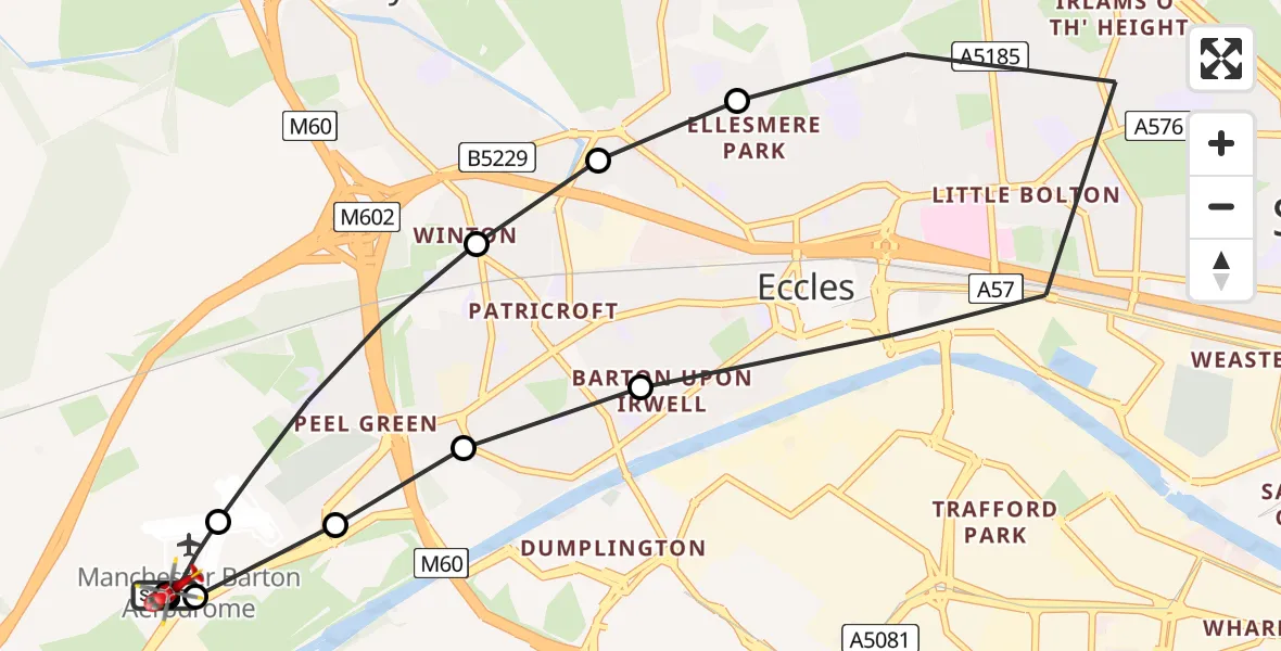 Flight path map showing Air Ambulance Helicopter route from Manchester Barton Aerodrome to Manchester Barton Aerodrome