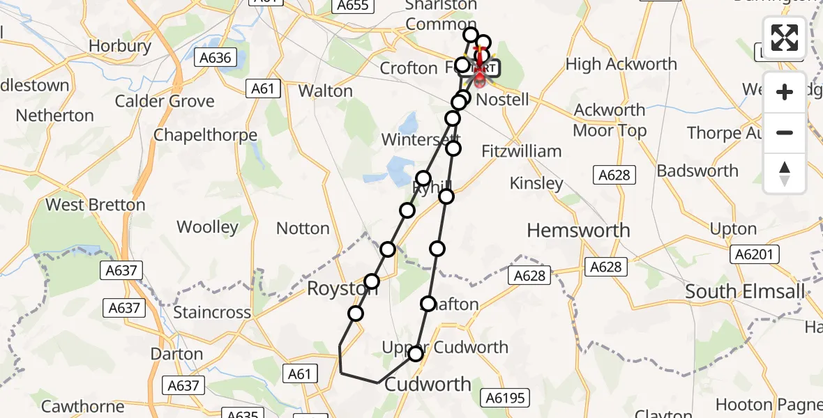 Flight path map showing Air Ambulance Helicopter route from YAA Nostell Helicopter Port to YAA Nostell Helicopter Port