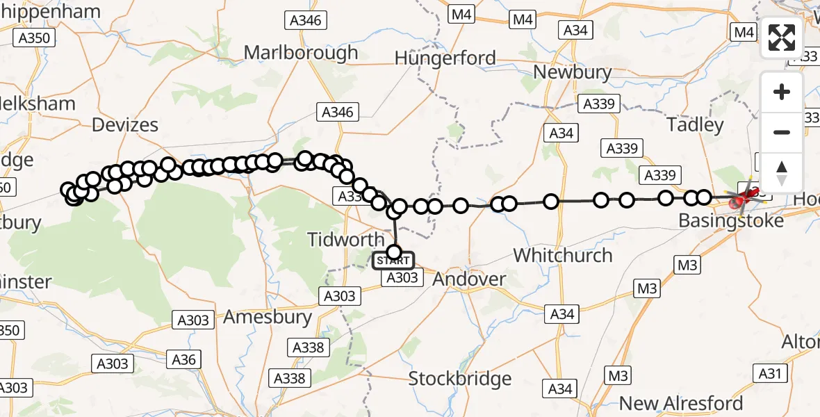 Flight path map showing Air Ambulance Helicopter route from Kimpton to Basingstoke