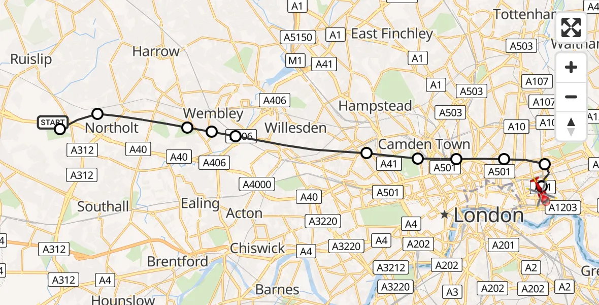 Flight path map showing Air Ambulance Helicopter route from RAF Northolt to Royal London Hospital