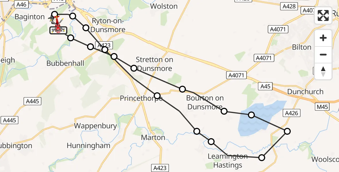 Flight path map showing Air Ambulance Helicopter route from Coventry Airport to Coventry Airport