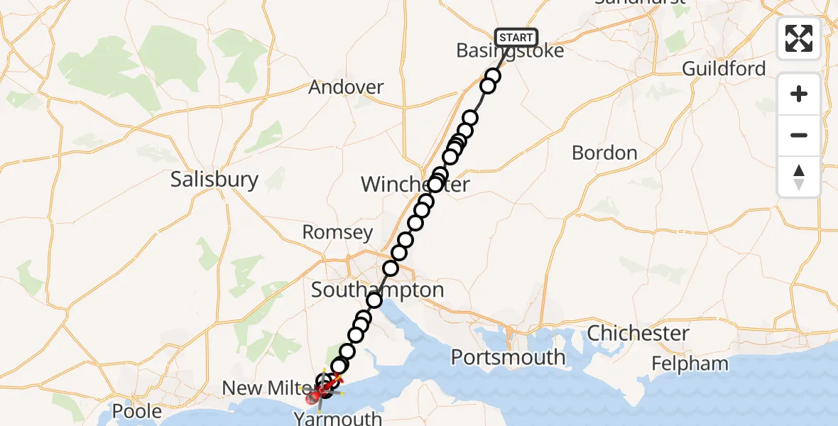 Flight path map showing Air Ambulance Helicopter route from Basingstoke to Walhampton