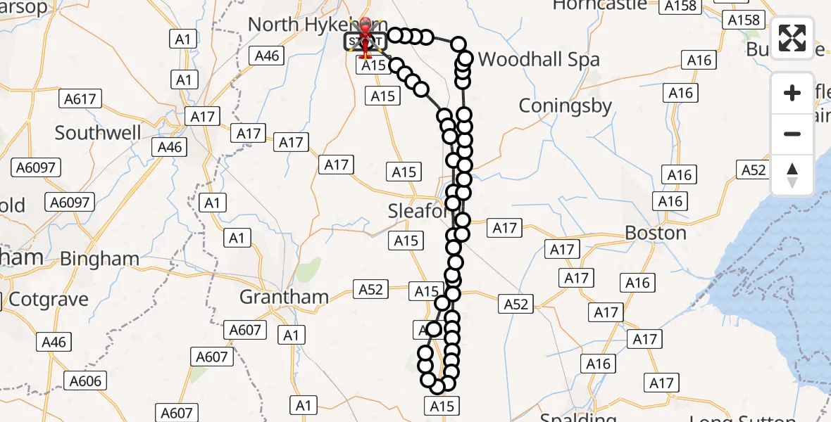 Flight path map showing Air Ambulance Helicopter route from RAF Waddington to North Kesteven