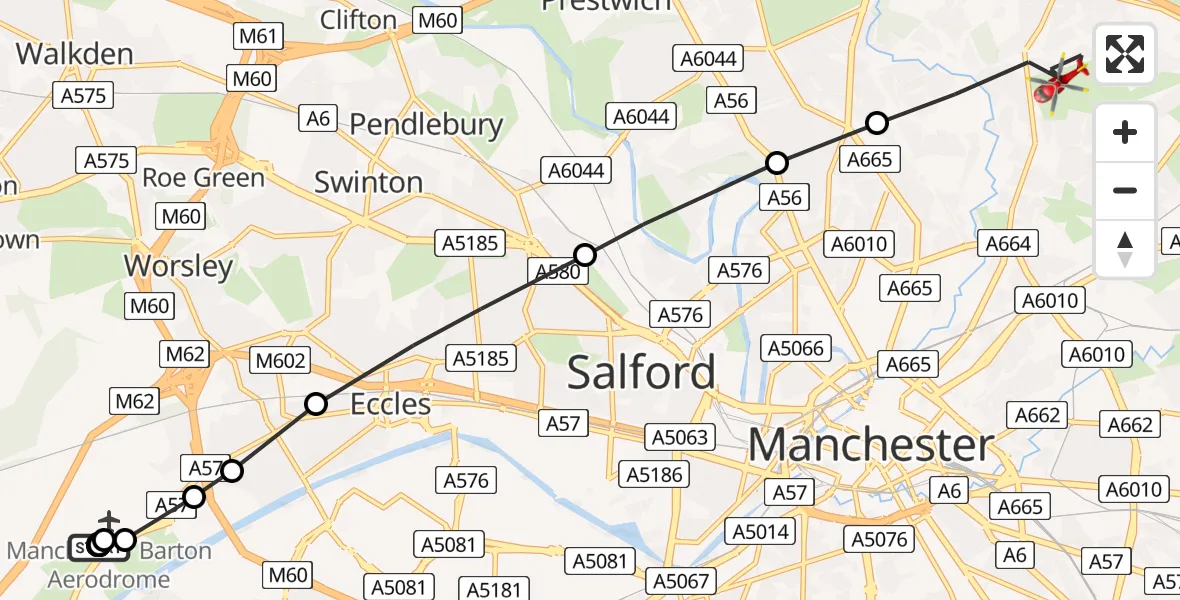 Flight path map showing Air Ambulance Helicopter route from Manchester Barton Aerodrome to Manchester