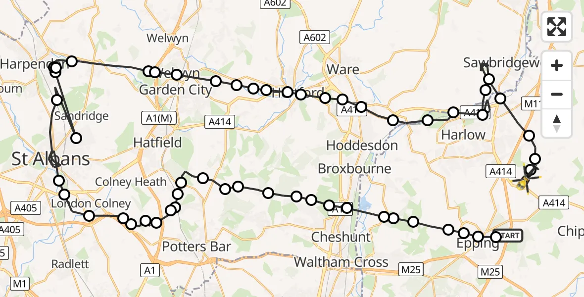 Flight path map showing Police Helicopter route from Coopersale to North Weald Bassett