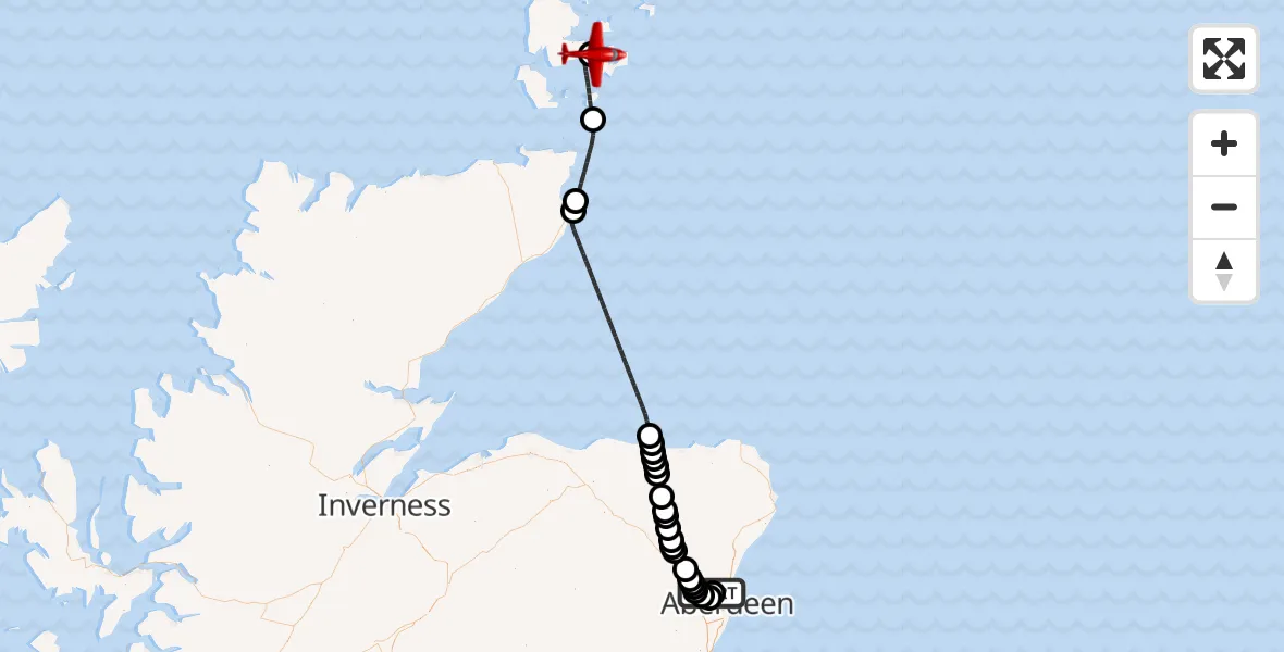Flight path map showing Air Ambulance Aircraft route from Aberdeen International Airport to Kirkwall