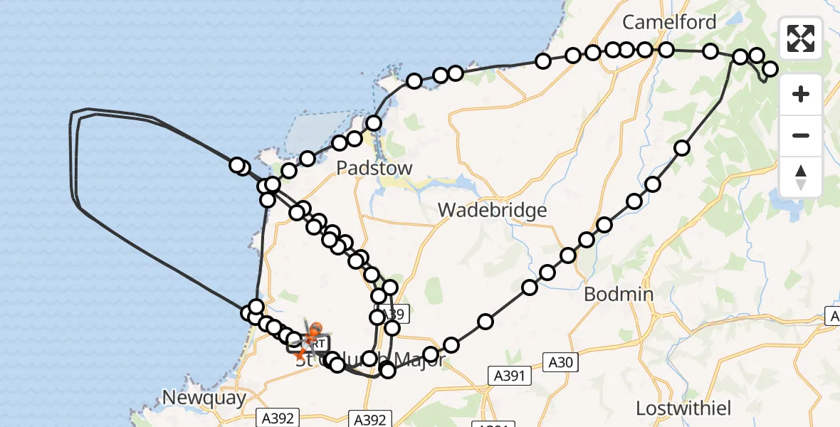 Flight path map showing Coastguard Helicopter route from Cornwall Airport Newquay to Cornwall Airport Newquay