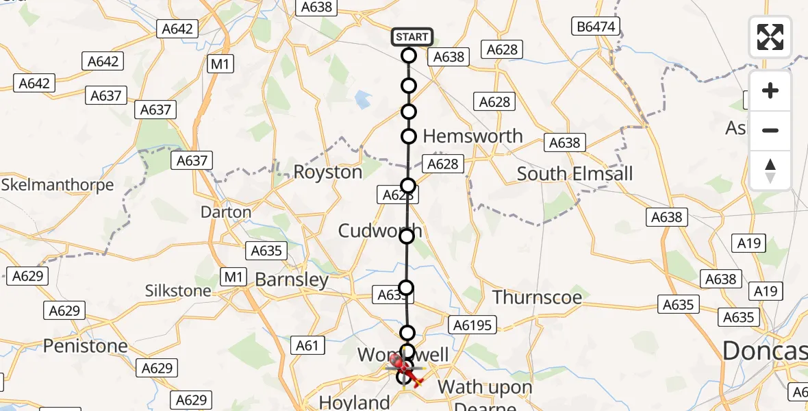 Flight path map showing Air Ambulance Helicopter route from YAA Nostell Helicopter Port to Wombwell
