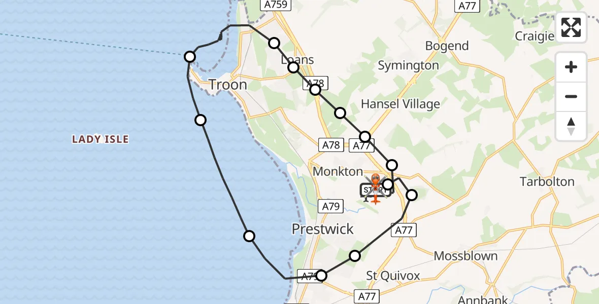 Flight path map showing Coastguard Helicopter route from Glasgow Prestwick Airport to Glasgow Prestwick Airport