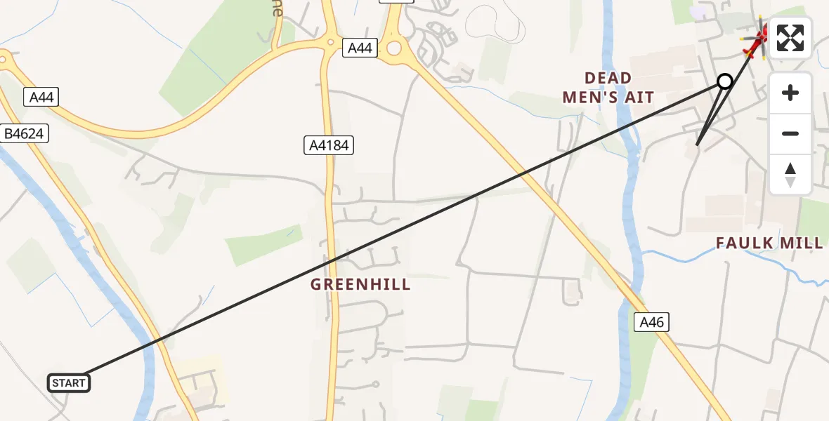 Flight path map showing Air Ambulance Helicopter route from Evesham to Offenham