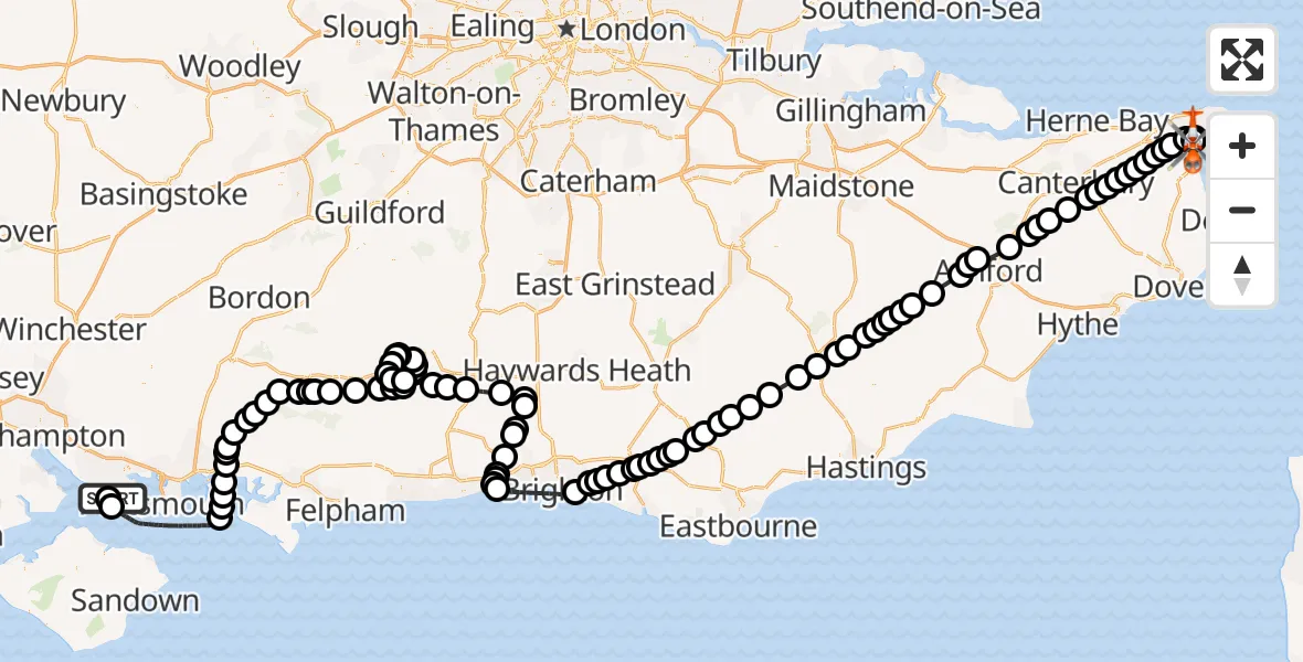 Flight path map showing Coastguard Helicopter route from Solent Airport to Manston Airport