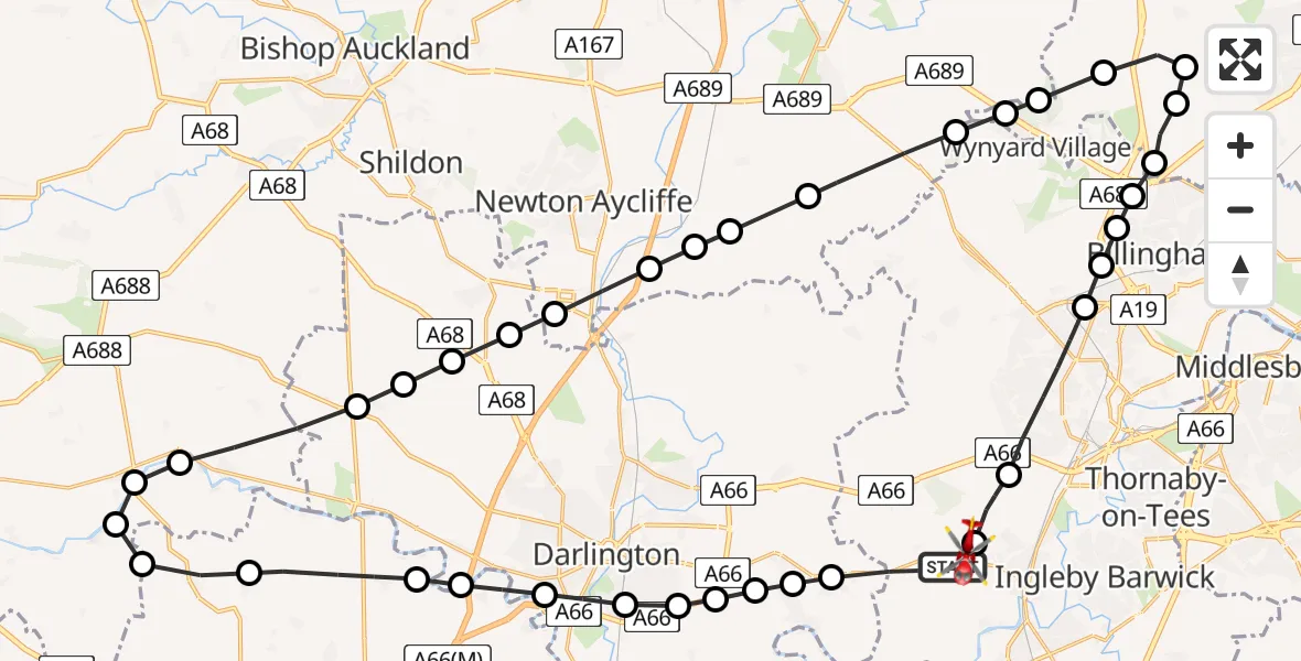 Flight path map showing Air Ambulance Helicopter route from Longnewton to Egglescliffe