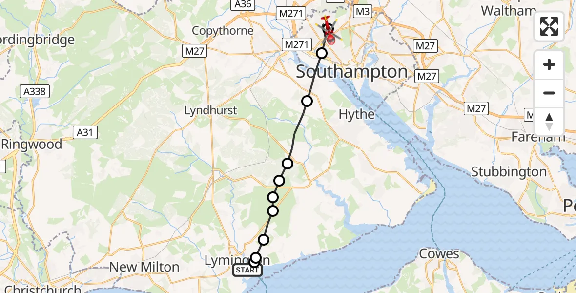Routekaart van de vlucht: Air Ambulance Helicopter to University Hospital Southampton, Springford Road