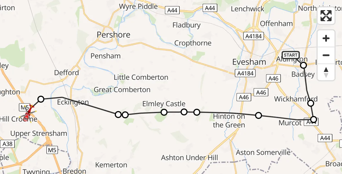 Flight path map showing Air Ambulance Helicopter route from Aldington to Hill Croome