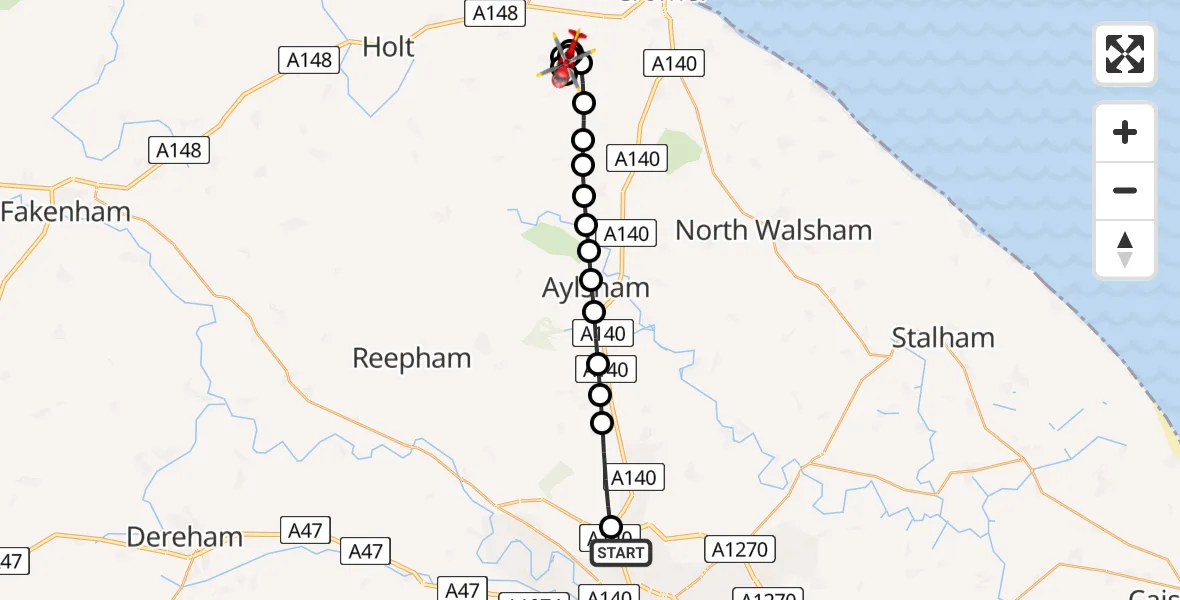 Flight path map showing Air Ambulance Helicopter route from Norwich Airport to Gresham