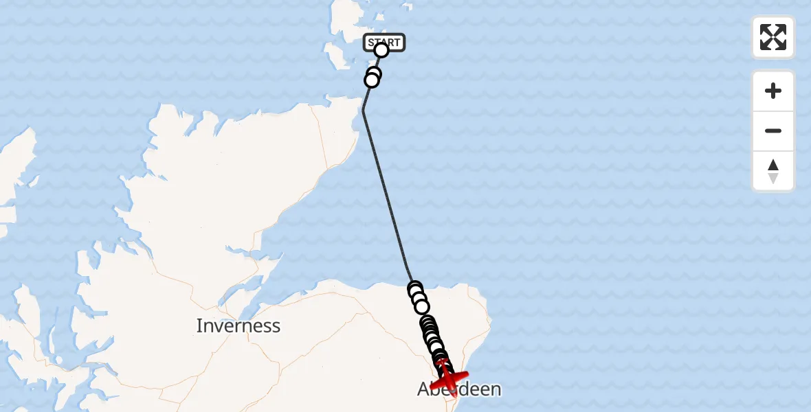 Flight path map showing Air Ambulance Aircraft route from Toab to Aberdeen International Airport