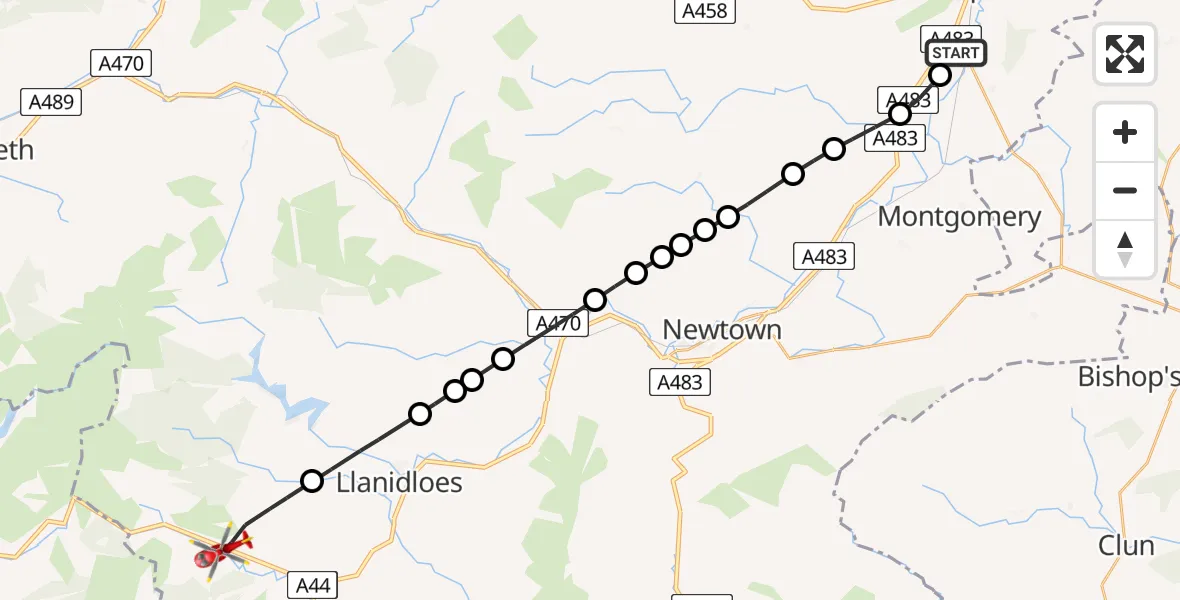 Flight path map showing Air Ambulance Helicopter route from Welshpool Airport to Llangurig