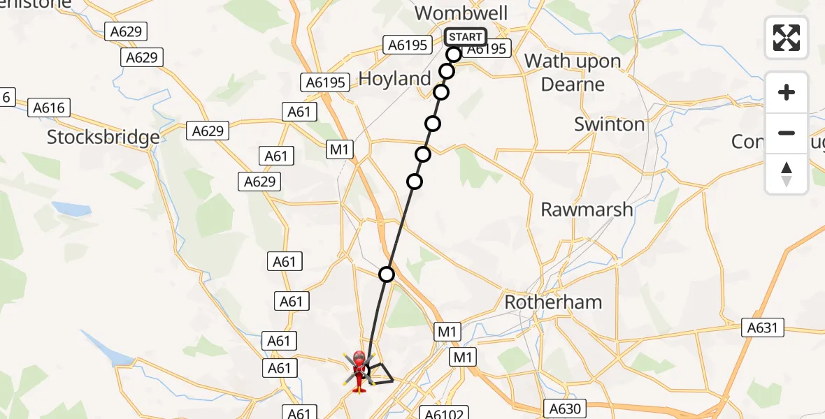Routekaart van de vlucht: Air Ambulance Helicopter to Sheffield Northern Hospital