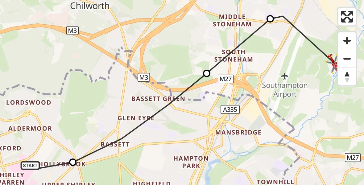 Flight path map showing Air Ambulance Helicopter route from University Hospital Southampton to Eastleigh