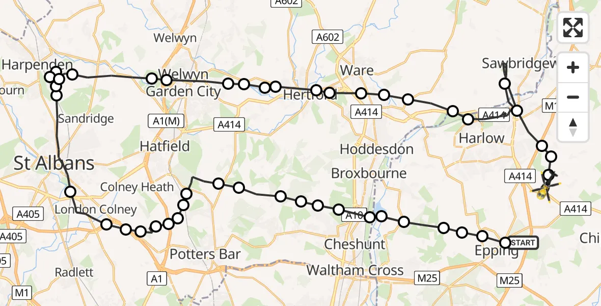 Flight path map showing Police Helicopter route from Coopersale to North Weald Bassett