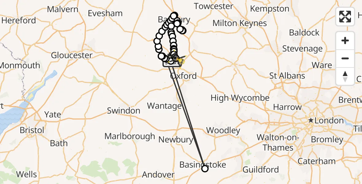 Flight path map showing Police Helicopter route from Bladon to Shipton-on-Cherwell