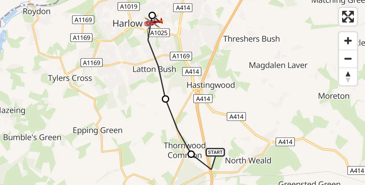 Flight path map showing Air Ambulance Helicopter route from North Weald Airfield to Harlow