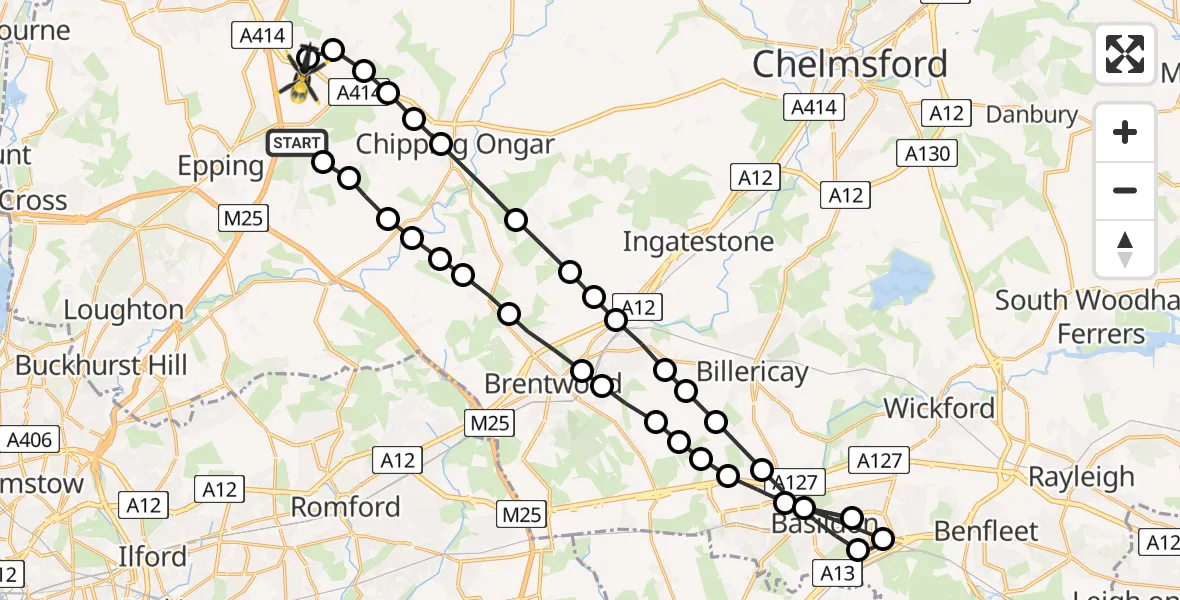 Flight path map showing Police Helicopter route from Coopersale to North Weald Bassett