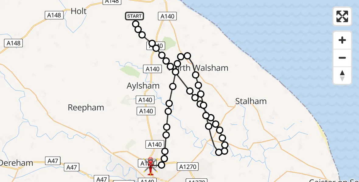 Flight path map showing Air Ambulance Helicopter route from Gresham to Norwich Airport