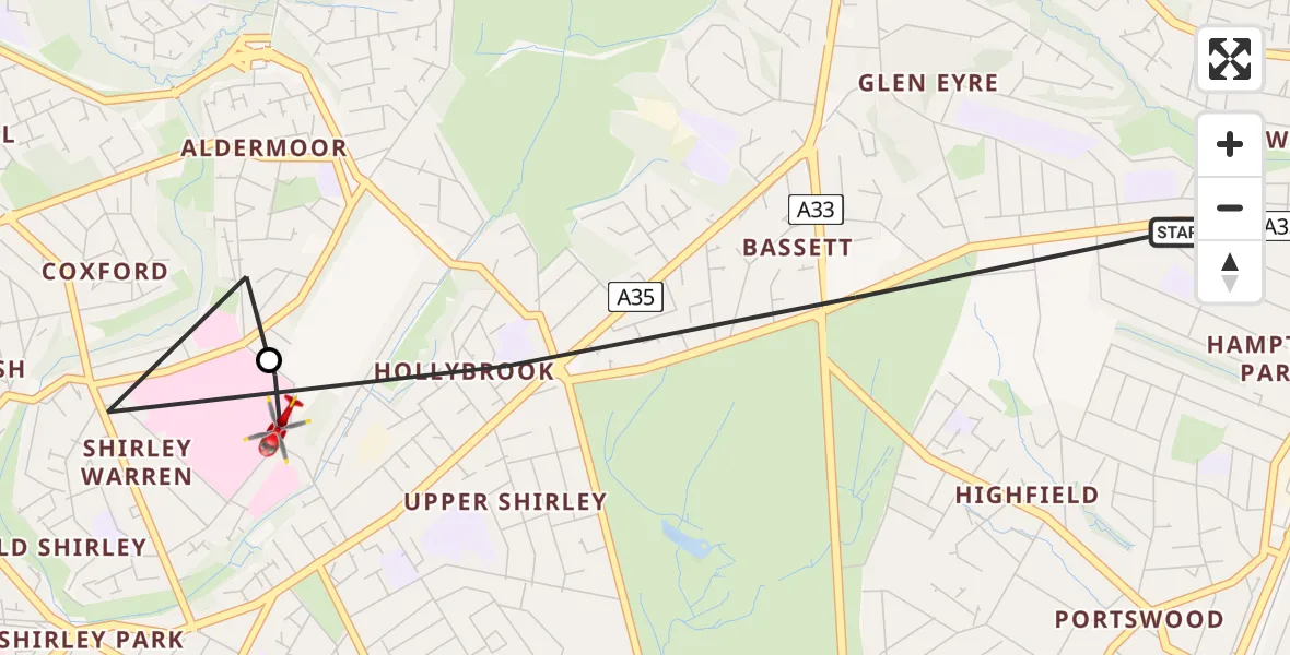Flight path map showing Air Ambulance Helicopter route from Southampton to University Hospital Southampton