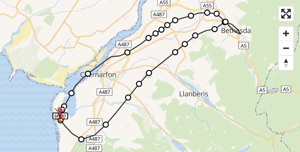 Flight path map showing Air Ambulance Helicopter route from Caernarfon Airport to Caernarfon Airport
