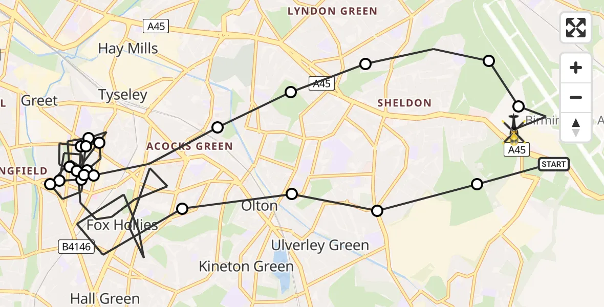 Flight route Police Helicopter Birmingham Airport - Birmingham Airport, 17 March 2026, 11:37