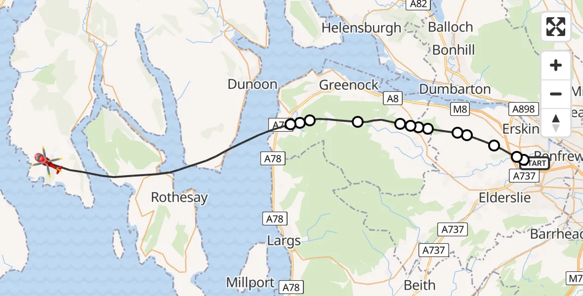 Flight path map showing Air Ambulance Helicopter route from Glasgow Airport to Inner Seas