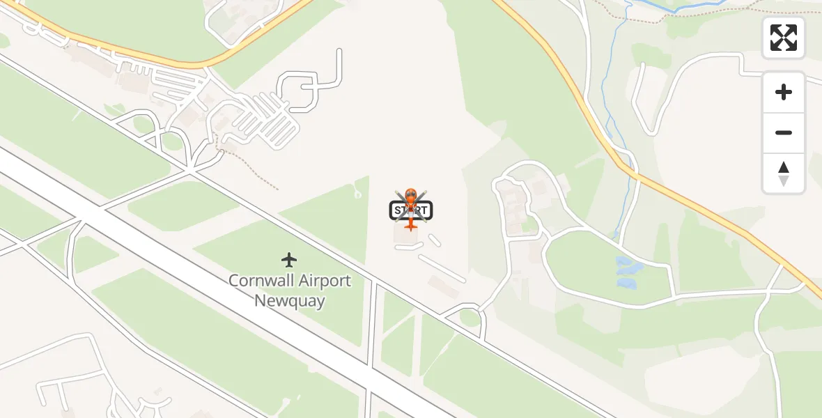 Flight path map showing Coastguard Helicopter route from Cornwall Airport Newquay to Cornwall Airport Newquay