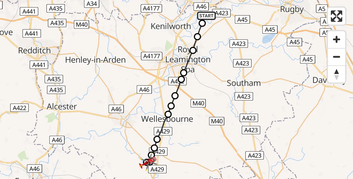 Flight path map showing Air Ambulance Helicopter route from Coventry Airport to Alderminster CP