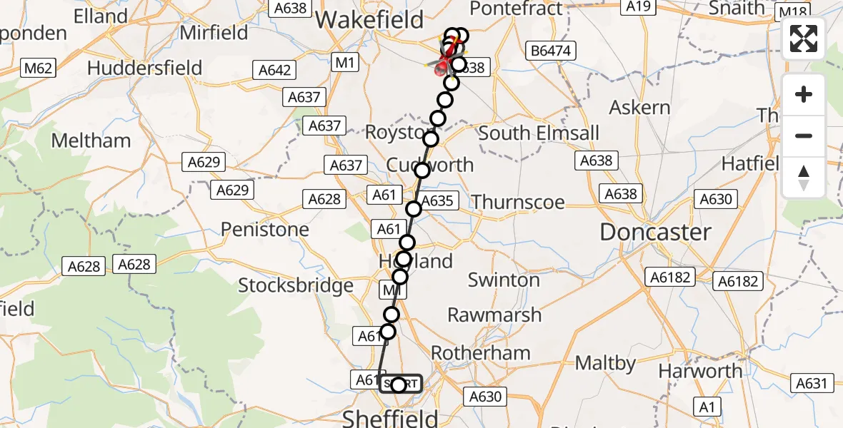 Flight path map showing Air Ambulance Helicopter route from Sheffield Northern Hospital to YAA Nostell Helicopter Port