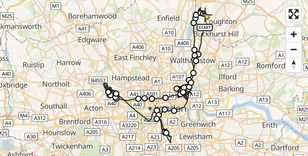 Flight path map showing Police Helicopter route from London Borough of Waltham Forest to Sewardstonebury