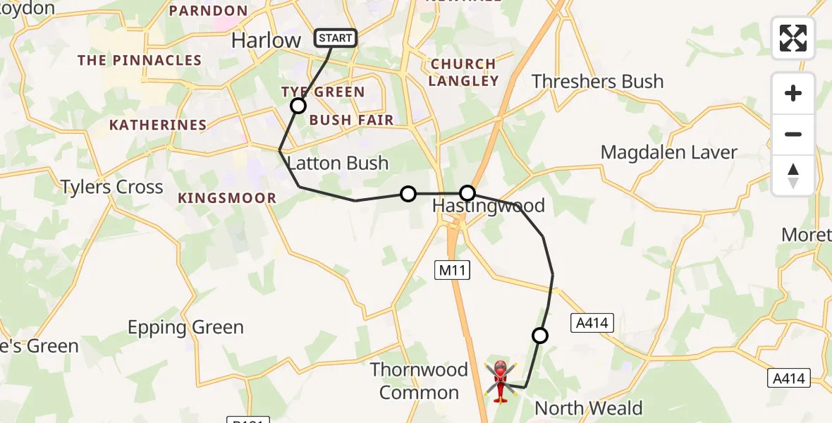 Flight path map showing Air Ambulance Helicopter route from Harlow to North Weald Airfield