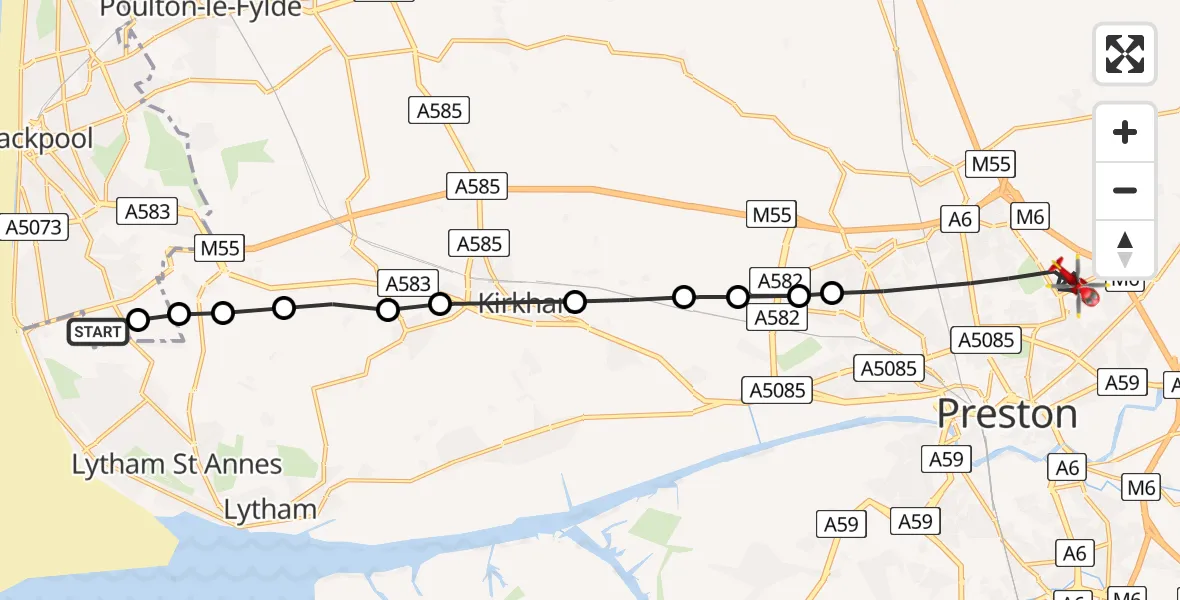 Flight path map showing Air Ambulance Helicopter route from Blackpool Airport to Preston