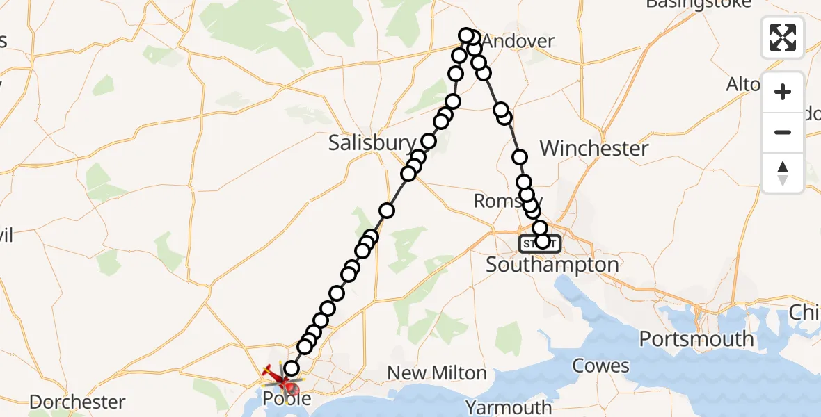 Flight path map showing Air Ambulance Helicopter route from University Hospital Southampton to Poole