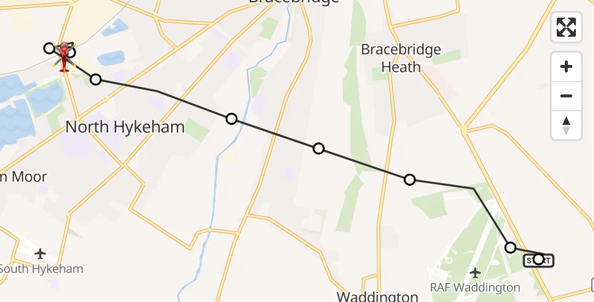 Flight path map showing Air Ambulance Helicopter route from RAF Waddington to Hykeham Moor