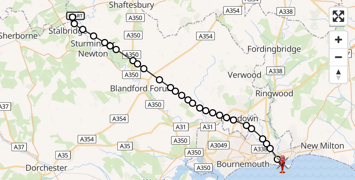 Flight path map showing Air Ambulance Helicopter route from Henstridge Airfield to Wick