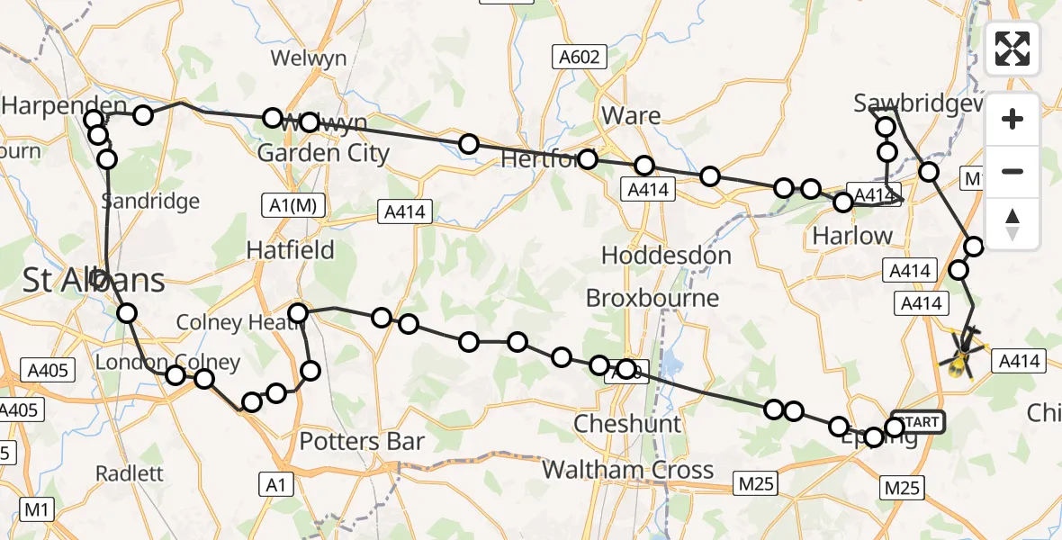 Flight path map showing Police Helicopter route from Coopersale to North Weald Airfield