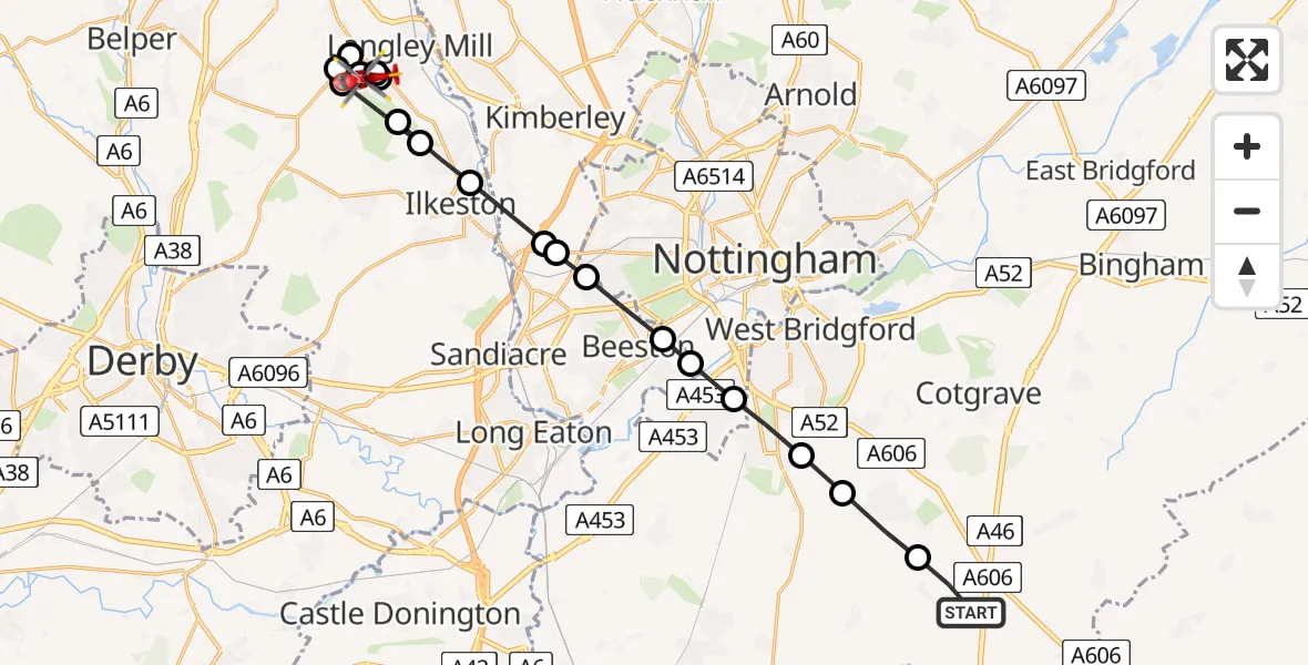 Routekaart van de vlucht: Air Ambulance Helicopter to Heanor, Stainsby Avenue