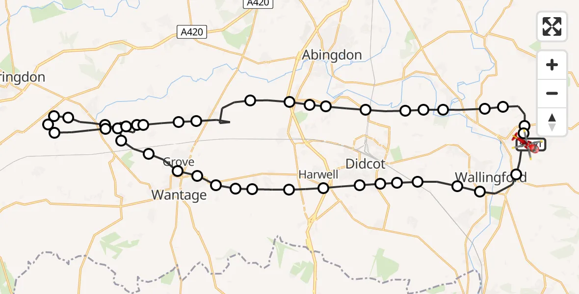 Flight path map showing Air Ambulance Helicopter route from RAF Benson to RAF Benson