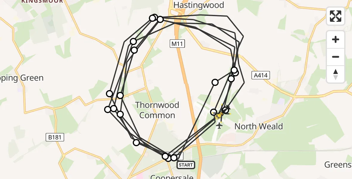Flight path map showing Police Helicopter route from Coopersale to North Weald Airfield