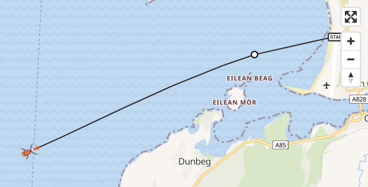 Flight path map showing Coastguard Helicopter route from Oban Airport to Inner Seas