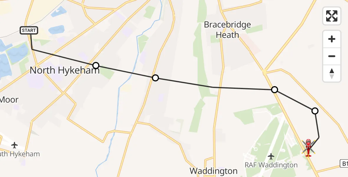 Routekaart van de vlucht: Air Ambulance Helicopter to North Kesteven, Sleaford Road