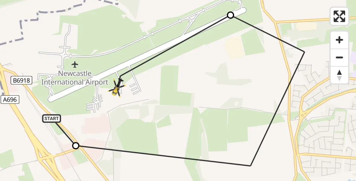 Flight path map showing Police Helicopter route from Newcastle International Airport to Newcastle International Airport
