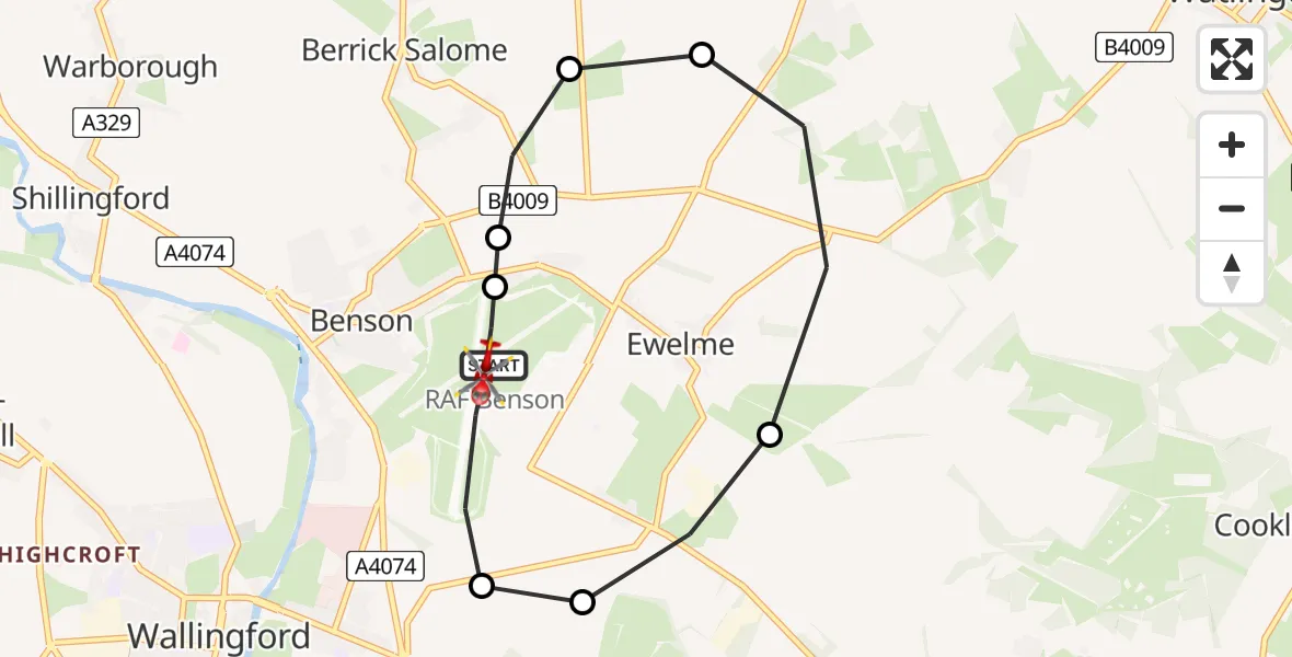Flight path map showing Air Ambulance Helicopter route from RAF Benson to RAF Benson